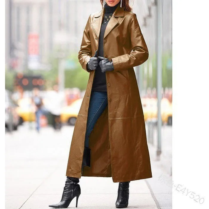 2026 Vintage Long PU Leather Jacket, Women Chic Lapel Long Sleeve Single Breasted Loose Streetwear Coat