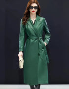 Autumn New Elegant Office Women 100% Sheepskin Genuine Leather Jacket Belted Slim Long Trench Coat Work Windbreaker Jacket