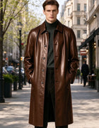 Men Vintage Long PU Faux Leather Trench Coat Lapel Single Breasted Windproof Overcoat Business Casual Long Sleeve Leather Jacket