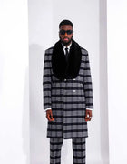 High Quality Plaid Men Long Overcoat 2 Piece Coat Pants Double Breasted Woolen Blend Winter Warm Overcoat Customized