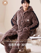 Big Size M-2XL Winter Men Bath Robe+Pant 3 Layer Clip Cotton Hooded Robe Male Thick Dressing Gown Pijamas Hombre