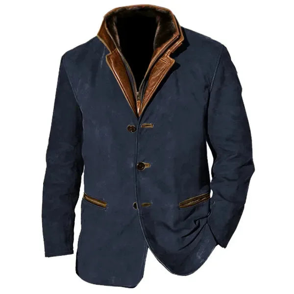2025 Men's Spring and Autumn Fashion Retro Jacket, New European and American Style Lapel Workwear Patchwork Contrast Color Coat