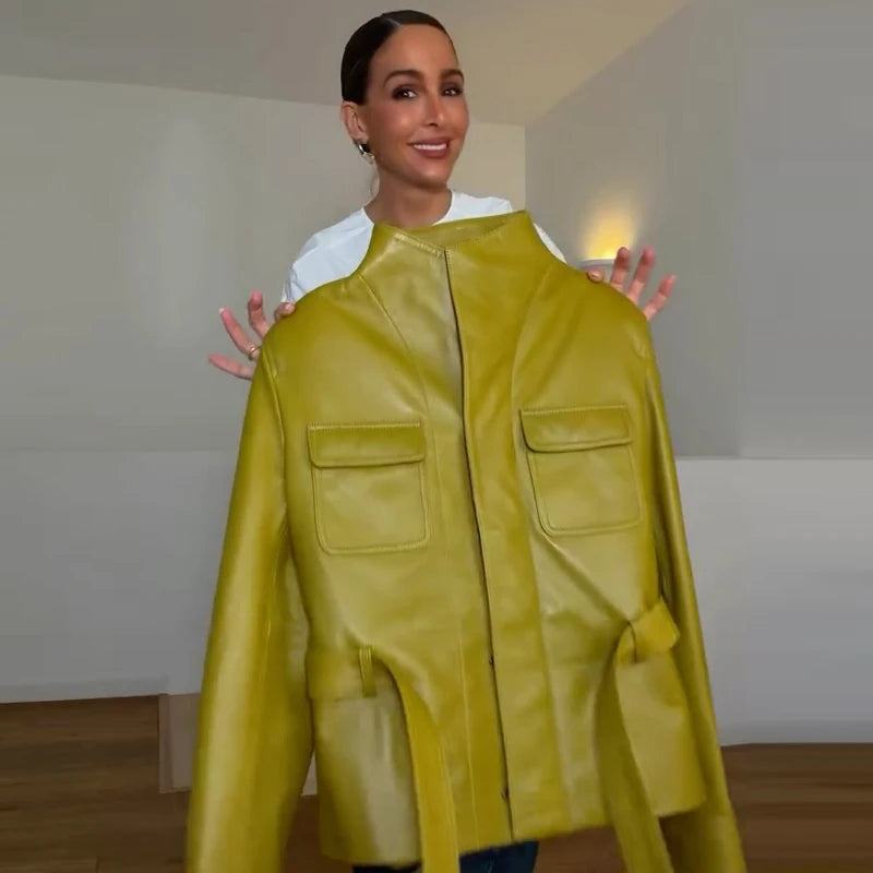 Women Elegant PU Leather Jacket Stand Collar Single Breasted Long Sleeve Tie Waist Solid Coat 2026 Autumn Office Chic Outfits