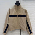 New Color Block Striped Khaki Zipper Stand Collar Short Trench Coat Women's Windbreaker Jacket