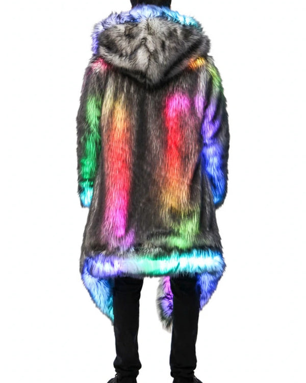 LED Faux Fur Coat Hooded Outerwear Thick Winter Warm Long Jacket Nightclub DJ Show Stage Dance Party Cosplay Costume Overcoat