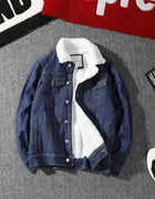 Men's Denim Jacket Autumn Winter Thickened Fleece Collar Cotton Jacket Loose Fit Warm Korean Style Lamb Velvet Lined Coat