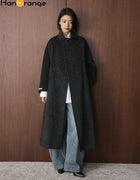 HanOrange 2026 Winter Simple Fashion Stand Collar Double Woolen Wool Coat Women with Belt Warm Coat Apricot/Floral Gray
