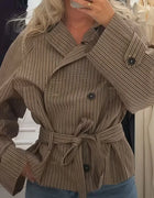 Women Plaid Short Trench Coat Lapel Double Breasted Belted Waist Long Sleeve Cropped Windbreaker Casual Outerwear Jacket