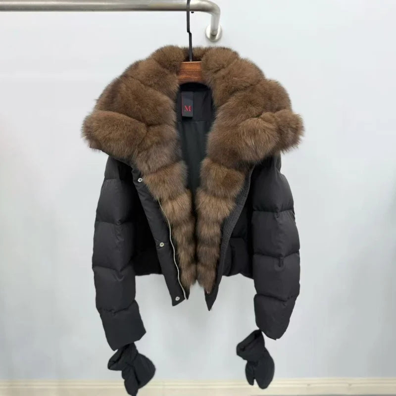 Winter 2026 High-Quality Women's Fox Fur Collar Hooded down Jacket Y2K Fashion Casual Thick Warm Goose down Coat with Gloves
