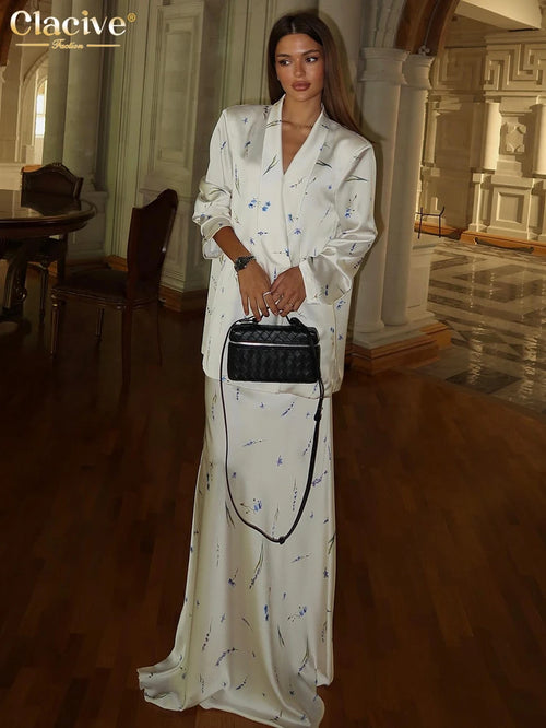 Clacive Fashion Loose Print Women's Two Pieces Set Elegant Long Sleeve Blazer With High Waist Maxi Skirt Set Female Streetwear