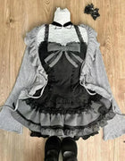 Sweet Lolita Early Autumn Three Piece Set Lace up Ruffles Cardigan Sexy Slim Fit Strapless Vest Tops High Waist Ruched Skirts