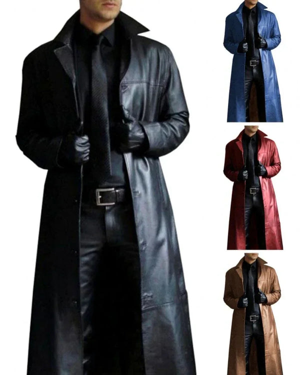 2026 New Men's Long Leather Jackets Goth Punk Button Trench Coat Solid Lapel Collar Long Pu Windbreaker Winter Leather Coats