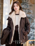 LOUIS YAO Workwear style Women's Jacket 2025 Autumn/Winter Jacket Plush Design lapel collar Mid-Length Fleece-Lined Thick Coat