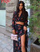 TTQV Fashion Loose Print Women's Two Pieces Set 2025 Sexy Long Sleeve Crop Top With High Waist Slit Long Skirt Set Female