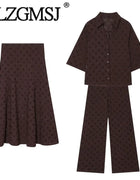 Nlzgmsj 2026 Summer Elegant Brown Embroidered Set V Neck Collared Blouse & High Waist Pants & A Line Skirt Casual Suit for Women