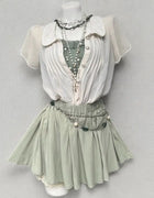 American Retro Y2K 3 Piece Outfit Lace Collar Tie Cami Top Pleated Mini Skirt Harajuku Kawaii Casual Cottage Streetwear Set