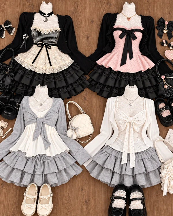 2026 Japanese Sweet Preppy Style Women Kawaii Lace Patchwork Bow Tops Y2K Mini Skirt Elegant Fashion Outfits New Vintage Chic