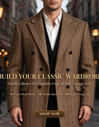 Men‘s Herringbone Long Overcoat Double Breasted Peak Lapel Slim Fit Wool Blend Topcoat Winter Formal Business Long Coat Jacket