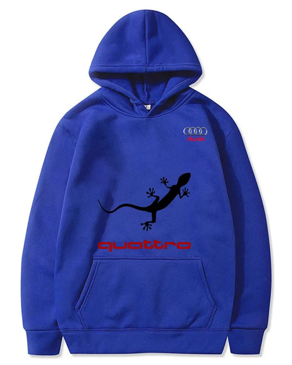 A hooded sweatshirt with a hoodie and Audi logo, casual and fun, suitable for both men and women. A simple urban style loose fit