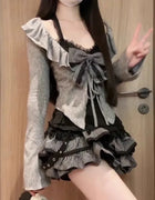 Sweet Lolita Early Autumn Three Piece Set Lace up Ruffles Cardigan Sexy Slim Fit Strapless Vest Tops High Waist Ruched Skirts