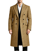 Men‘s Herringbone Long Overcoat Double Breasted Peak Lapel Slim Fit Wool Blend Topcoat Winter Formal Business Long Coat Jacket