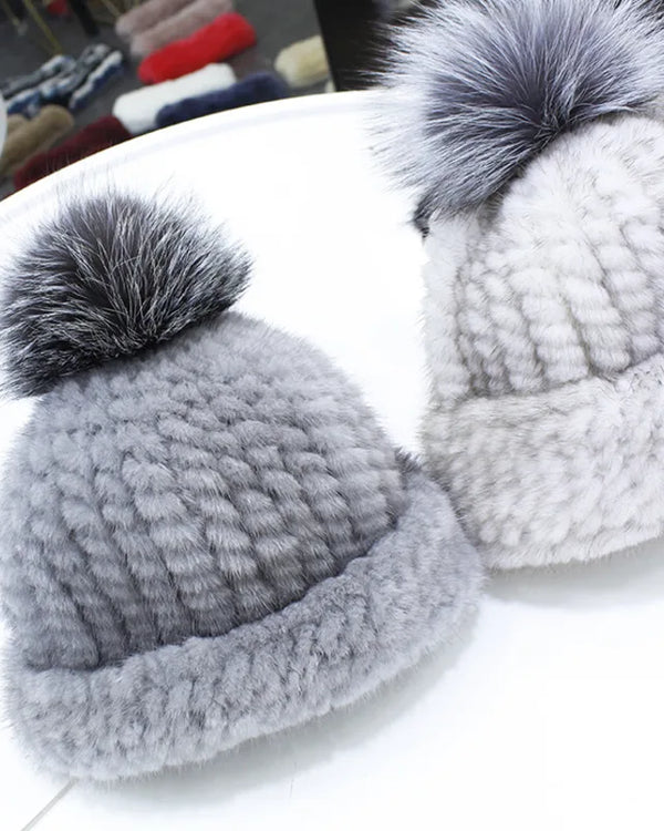 Mink Fur Hat Women's Winter Thickened Warm Ear Protection Caps Fashion Mink Fur Woven Hat With Fox Ball Luxury Russian Caps