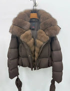 High quality winter new women's fox fur collar hooded down jacket y2k fashionable casual thick warm goose down coat warm gloves