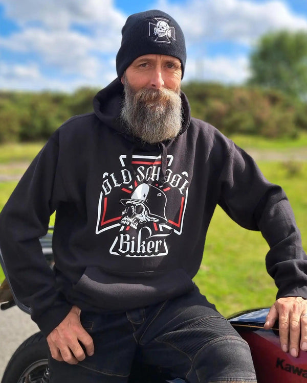 Old School Biker Hoodie  Black Motorcycle Rider Pullover Retro Skull Biker Sweatshirt Gift for Bikers  Iron Cross Design