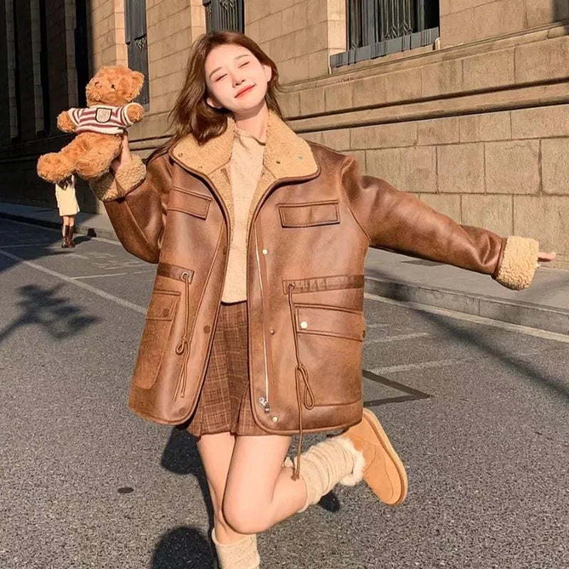 Women's Thick Warm Reversible Suede Jacket Solid Color Motorcycle Outer Coat Loose Fit Winter Autumn Female Overcoat