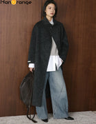 HanOrange 2026 Winter Simple Fashion Stand Collar Double Woolen Wool Coat Women with Belt Warm Coat Apricot/Floral Gray