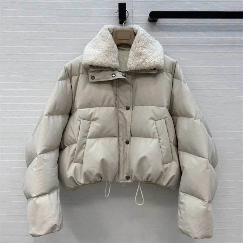 Women's down jacket 2026 Winter New Lamb Fleece Collar Splicing Warm Thick Coat 90 white duck down filling puffer jacket parka