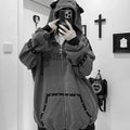 Black Cat Ear Zip Up Hoodie Japanese Subculture Women Devil Pinstripe Heart Print Oversized Metal Buckle Punk Streetwear Outfit