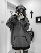 Black Cat Ear Zip Up Hoodie Japanese Subculture Women Devil Pinstripe Heart Print Oversized Metal Buckle Punk Streetwear Outfit