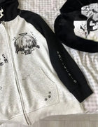Japanese Contrast Color Hooded Tops Women Y2k Aesthetic Cartoon Print Grunge Hoodie Casual Zip Up Sweatshirt Harajuku Streetwear