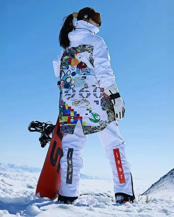 Women's Waterproof Windproof Ski Suit Set White Clothes Winter Sports Unisex Print Snow Jacket Adjustable Shoulder Strap Pants