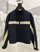 New Color Block Striped Khaki Zipper Stand Collar Short Trench Coat Women's Windbreaker Jacket