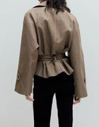 Women Plaid Short Trench Coat Lapel Double Breasted Belted Waist Long Sleeve Cropped Windbreaker Casual Outerwear Jacket