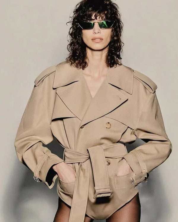 2 IN 1 Winter Sexy Lapel Neck Long Sleeve Jacket Bodysuit With Belt Women Khaki Double-breasted Coat Jumpsuit Evening Party Club