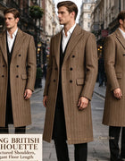 Men‘s Herringbone Long Overcoat Double Breasted Peak Lapel Slim Fit Wool Blend Topcoat Winter Formal Business Long Coat Jacket