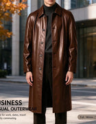 Men Vintage Long PU Faux Leather Trench Coat Lapel Single Breasted Windproof Overcoat Business Casual Long Sleeve Leather Jacket