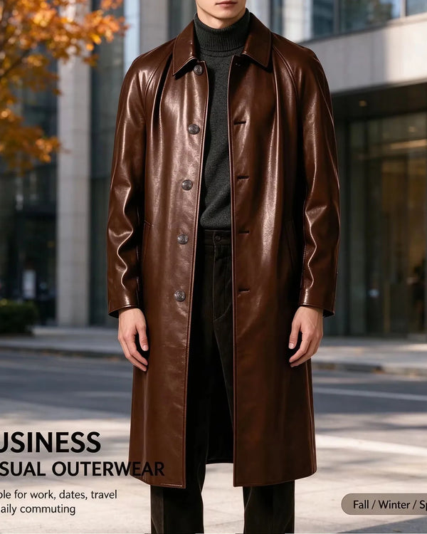 Men Vintage Long PU Faux Leather Trench Coat Lapel Single Breasted Windproof Overcoat Business Casual Long Sleeve Leather Jacket