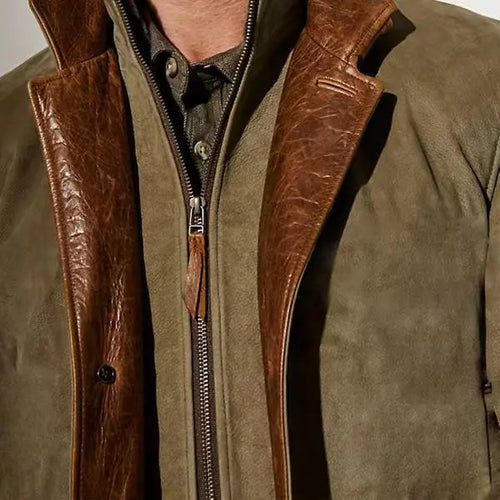 2025 Men's Spring and Autumn Fashion Retro Jacket, New European and American Style Lapel Workwear Patchwork Contrast Color Coat