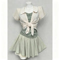 American Retro Y2K 3 Piece Outfit Lace Collar Tie Cami Top Pleated Mini Skirt Harajuku Kawaii Casual Cottage Streetwear Set