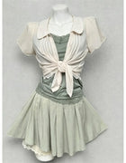 American Retro Y2K 3 Piece Outfit Lace Collar Tie Cami Top Pleated Mini Skirt Harajuku Kawaii Casual Cottage Streetwear Set