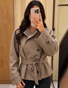 Plaid Cropped Trench Coat Lapel Collar Double Breasted Belted Waist Long Sleeve Women All-match Coats 2026 Autumn Commute Outfit