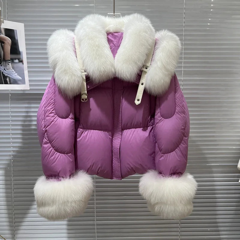 New Natural Fox Fur Collar Puffer Jacket Winter Clothing Women Fashion Loose White Duck Down Caot Loose Real Fur Parker Overcoat