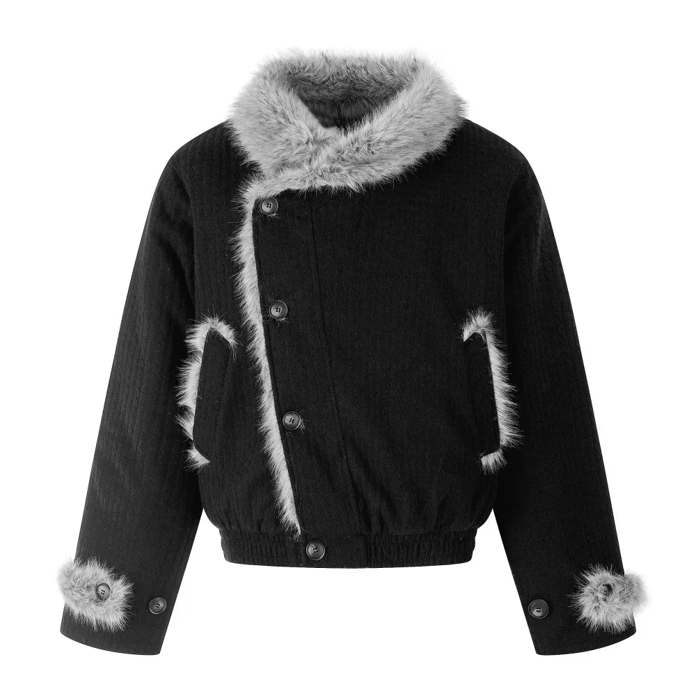 Women's Winter Padded Coat Black Faux Mink Fur Collar Asymmetrical Wrap-Front Thick Warm Waist-Slimming Puffer Jacket Women