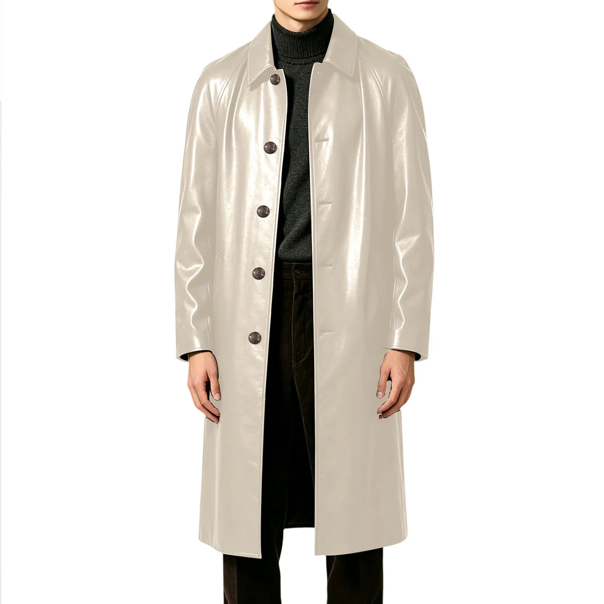 Men Vintage Long PU Faux Leather Trench Coat Lapel Single Breasted Windproof Overcoat Business Casual Long Sleeve Leather Jacket