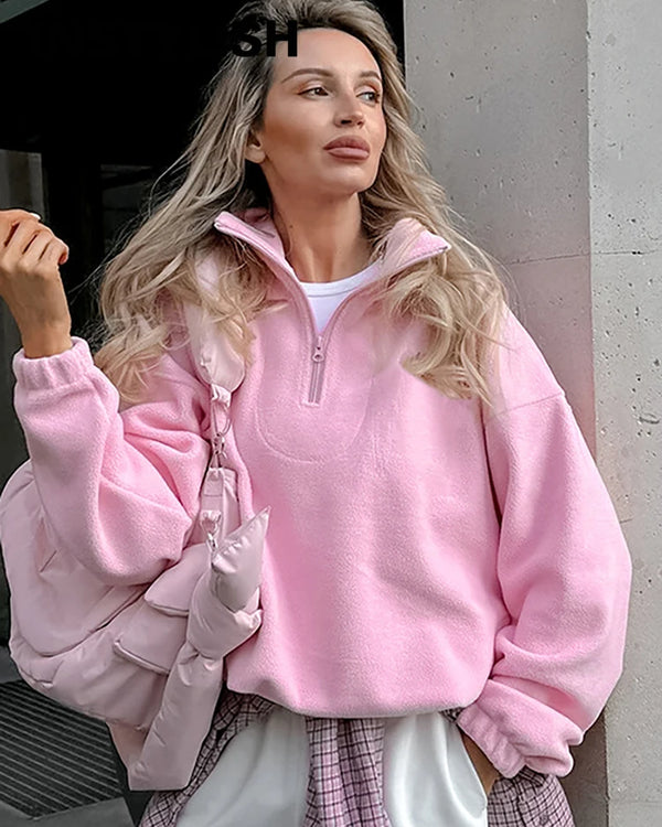 Women Autumn Winter Fleece Hoodies Elegant Stand Collar Zipper Loose Sweatshirt Elegant Solid Pullover Casual Top Streetwear