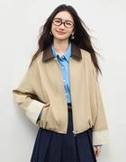 SENTUBILA Women's Cropped Barn Jacket Color Block PU Collar and Striped Cuffs Lightweight Windbreaker for Spring Fall 161WB5721